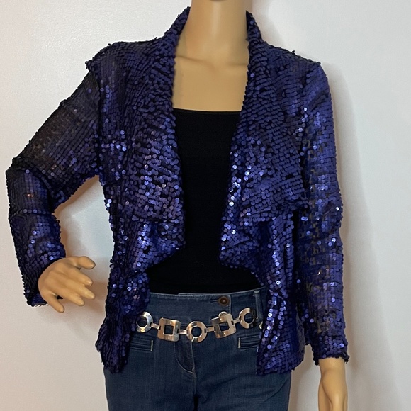 Vintage royal blue sequin layered shawl sweater jacket w ruffles in front 👑 - Picture 2 of 15